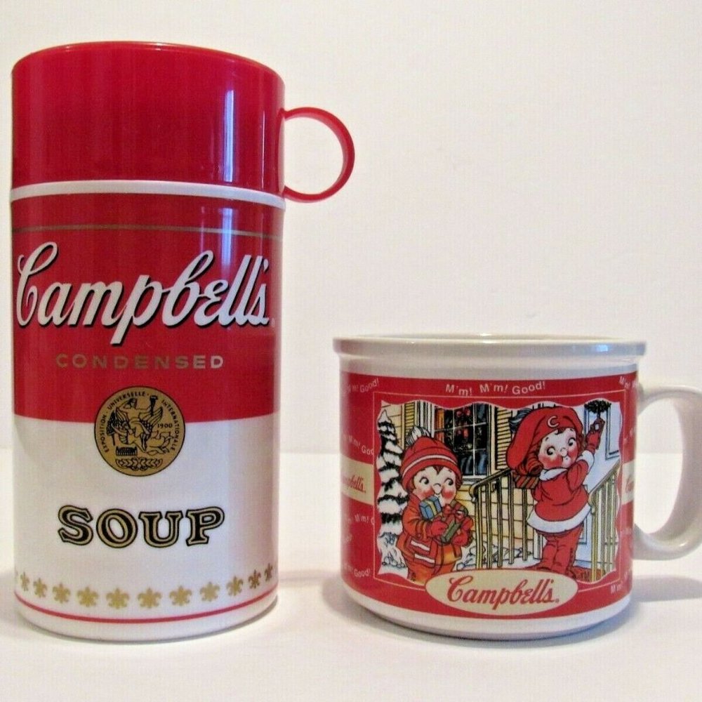 Vintage Campbell Soup Thermos and 1998 Fall Season Mug Lot of 2 EUC